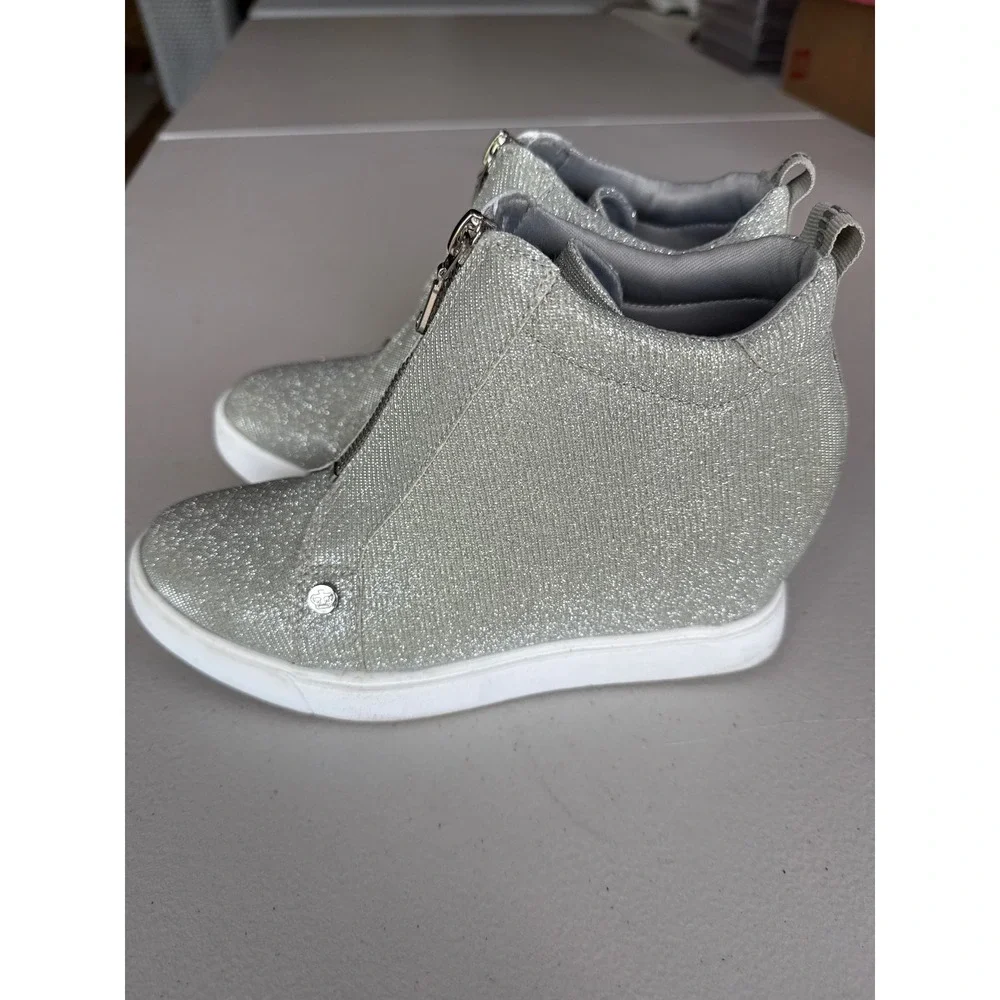 Juicy Couture Joann Silver Glitter Wedge Sneakers High Top Front Zip Size 7